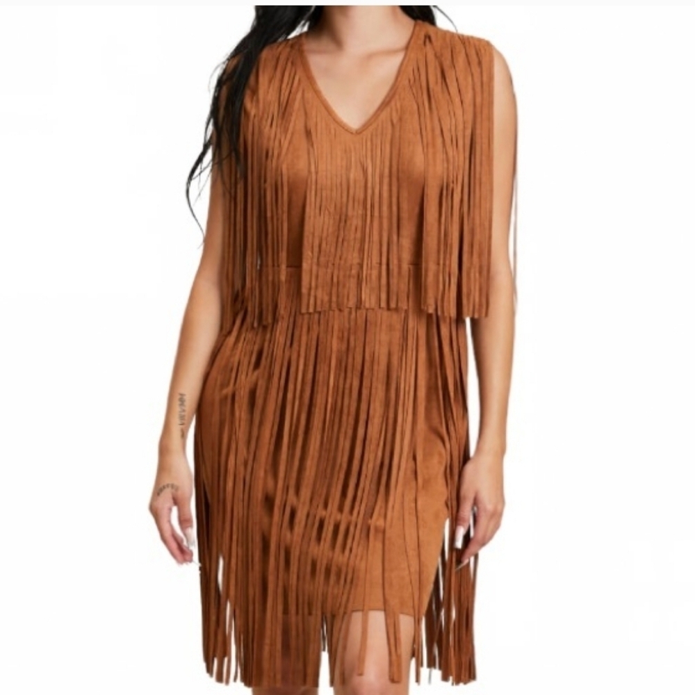 Vocal Tan Fringe Mini Dress